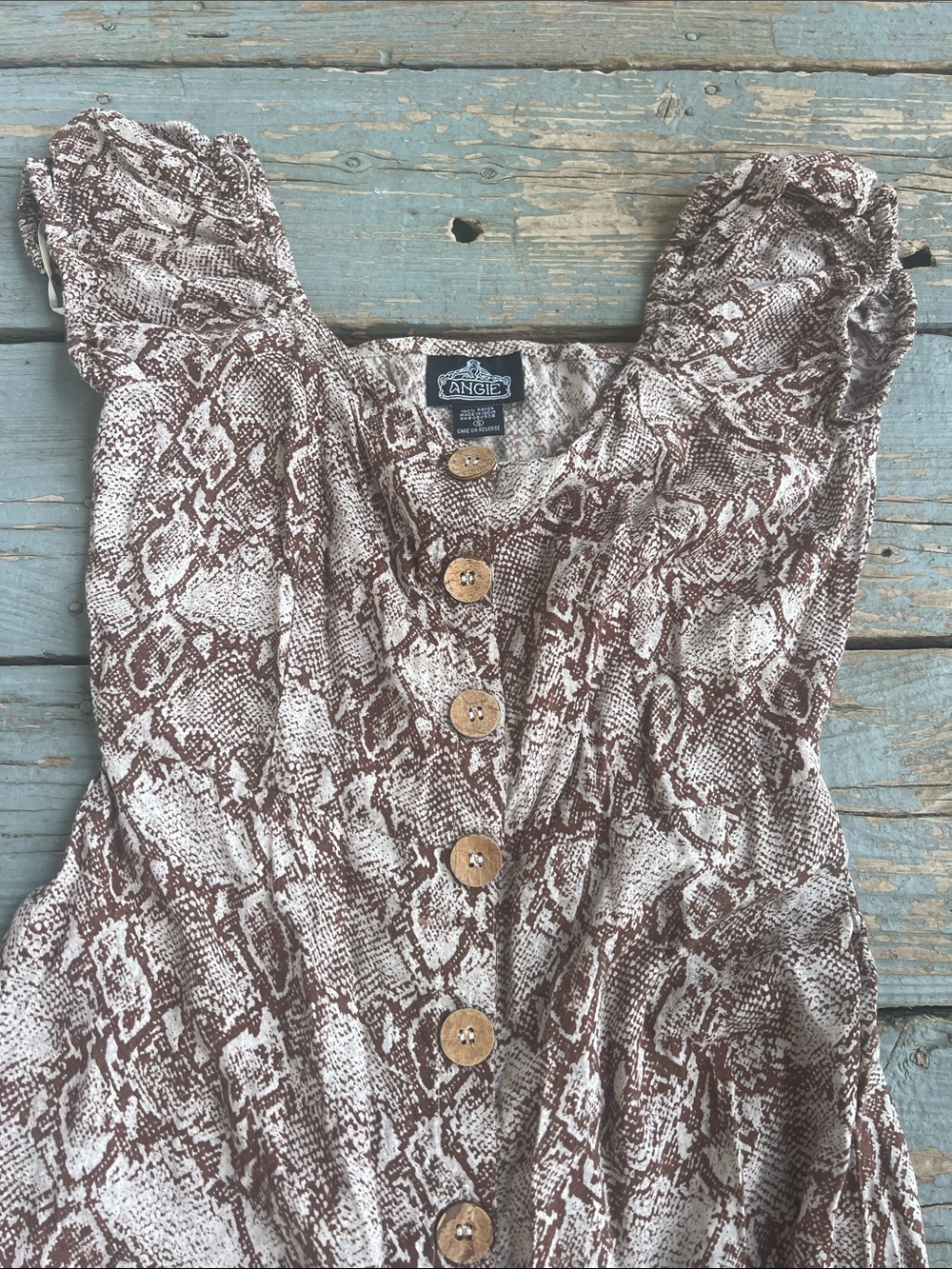 Angie size Small Snake Print Button-Front Mini Dress in Brown & Cream - Picture 3 of 5